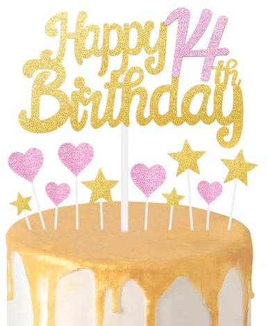 Gold Pink 14th Birthday Cake Topper, Girls 14th Birthday Decorations, Glitter Heart Stars Cake Toppers, Personalised Happy Birthday Cake Cupcake Toppers for Women Girls Baby Birthday Party Supplies