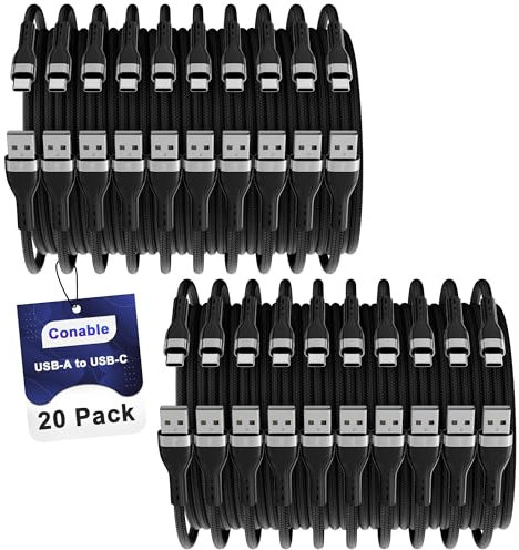 Conable USB A to USB C Cable (2 FT, 20-Pack), Multi Pack Bulk Nylon USB A to C Charger Cable, 3A Fast Charging for iPhone 15/15 Pro /15 Plus /15 Pro Max, iPad Mini/Air/Pro, Galaxy S23, LG, Black