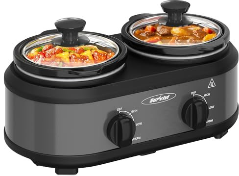 Sunvivi - Doppia cottura lenta, server a buffet e riscaldatore con 2 pentole in ceramica rimovibili, scaldabagno a cottura lenta con temperatura regolabile e coperchi in vetro, acciaio