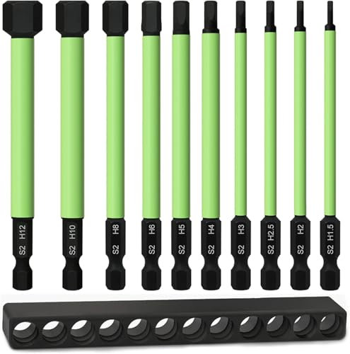 Uadme Drill Allen Key Bit Set, 10Pcs Strong Magnetic Hex Screwdriver Bits Set Long 100mm 1/4 Inch S2 Impact Wrench Drill Bit Set, H1.5-H12