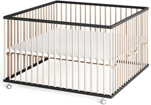 Sämann Laufstall Baby XXL 120x120 cm | TÜV geprüft 2024 | stufenlos höhenverstellbar | Laufgitter Premium | Babybett aus Holz | Krabbelgitter schwarz/natur