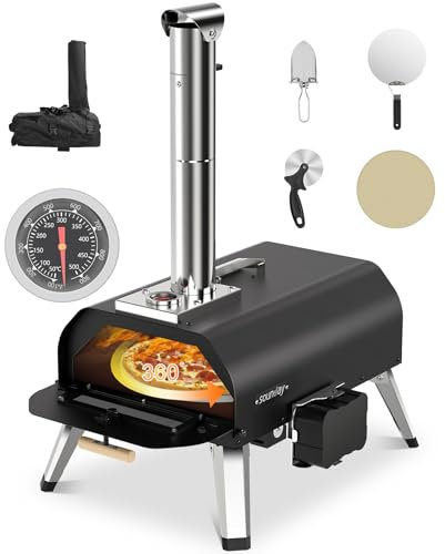 sounday Horno de pizza al aire libre, horno de pizza de leña con piedra de pizza giratoria automática de 360°, termómetro integrado, máquina de pizza portátil con cortador de pizza, pala de pellets