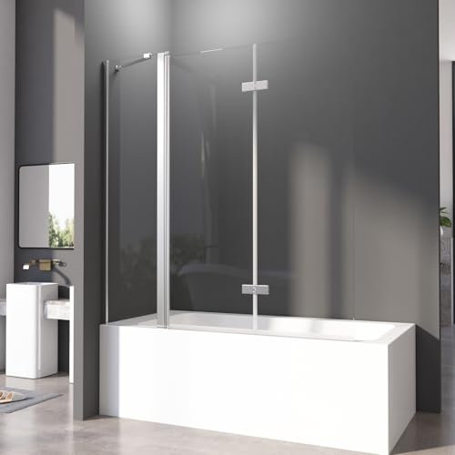 Duschwand für Badewanne 150x140 cm 2-teilig Faltbar Badewannenfaltwand mit Stabilisator und Festteil 6mm ESG Glas Nano Beschichtung Duschtrennwand