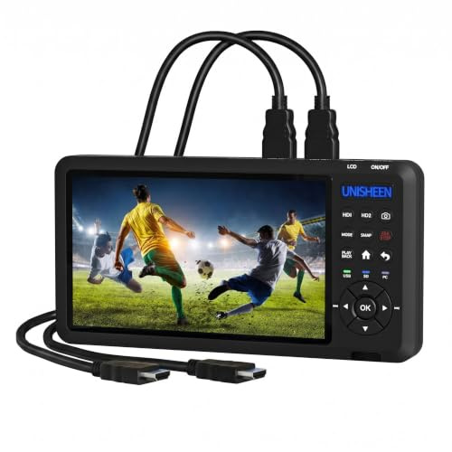 UNISHEEN HD Video Capture Box 2 Channel 1080p 60 FPS HDMI Picture-in-Picture Video Recorder with Screen 7 inches MP4 Support SD Card U Disk Storage Have USB2.0 Cable Remote Control