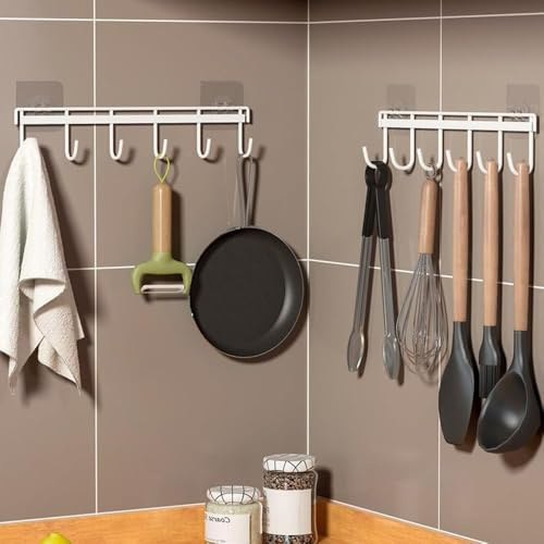 Figarge Küchenhalter Küchenhalterung 6 Haken Küchenutensilienhalter Ohne Bohren Hakenleiste Selbstklebend Küche Hängeregal Küchenutensilien Küchenreling für Küchenutensilien