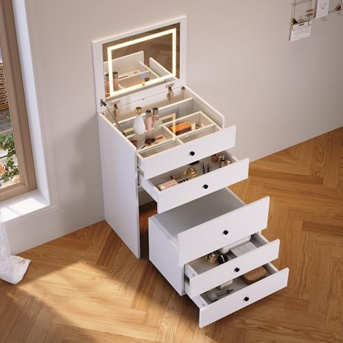 SONNI Schminktisch 3 in 1 mit Klappspiegel 4 Schubladen LED Weiß 60x45x83cm