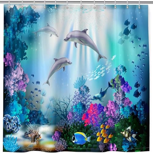 ANHOPE Ozean Tropisch Fische Delphin Duschvorhang Anti-schimmel Wasserdicht Waschbar Duschvorhänge 180 x 200 cm Shower Curtains Polyester Stoff Bad Vorhang für Badzimmer mit 12 Haken