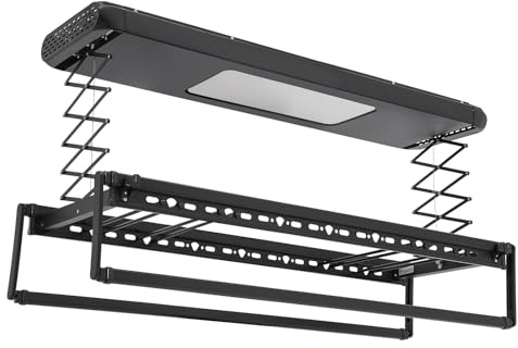 NIGORIY Kompakter Elektrischer Wäscheständer Deckenmontage 130-215cm Instellbare Länge Deckenwäschetrockner LED-Beleuchtung Decken Wäscheständer 35KG Tragfähigkeit Fernbedienung (Schwarz)