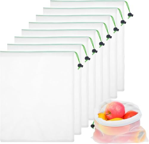 12 Stück Obst Gemüse Groß Netztasche Transparente Netzbeutel Wiederverwendbare Waschbar durchsichtig Einkaufsnetz Obst Gemüse Groß Netz Tasche für Obst und Gemüse zur Aufbewahrung