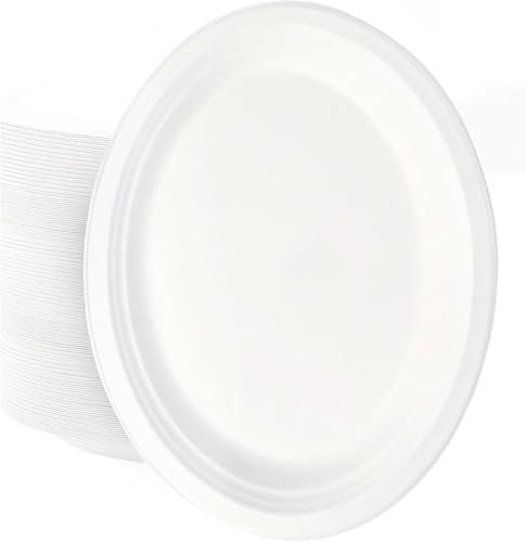 ECONX Strong Disposable Oval Plates Super Rigid Biodegradable Dinner Plates 10x8 Compostable Large Disposable Party Plates for Hot and Cold Food for Birthday Party Christmas Party BBQ (50)