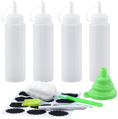 Lot de 4 Bouteilles Squeeze en Plastique Transparent – 250 ml avec Graduation et Bouchons – Antifuite Bouteille Sauce– Idéales pour Ketchup, Sauces, Vinaigrettes et Huile d'Olive