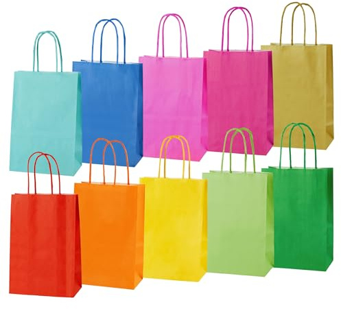 Thepaperbagstore 50 Rainbow Extra Small Twist Party Bags With Handles - Colourful Paper Gift Bags for Kids Party's, Celebrations Birthdays and Sweets 14x21x8cm