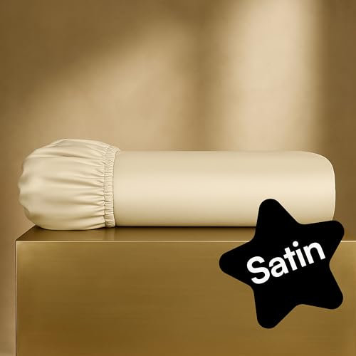 Spannbettlaken 200x200 Creme (Bio-Baumwolle, ungefärbt mit sichtbaren Baumwollsamen) | Mako Satin Bettlaken für Matratzen bis 30 cm Höhe | Einfarbig | Hotelqualität