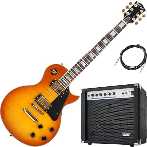 Rocktile Pro L-200OHB E-Gitarre Set – Single Cut in Orange Honey Burst mit Humbucker, Mahagoni-Korpus & 60W Verstärker AK20G – Anfänger & Fortgeschrittene – Komplettset inkl. Kabel & Combo-Verstärker