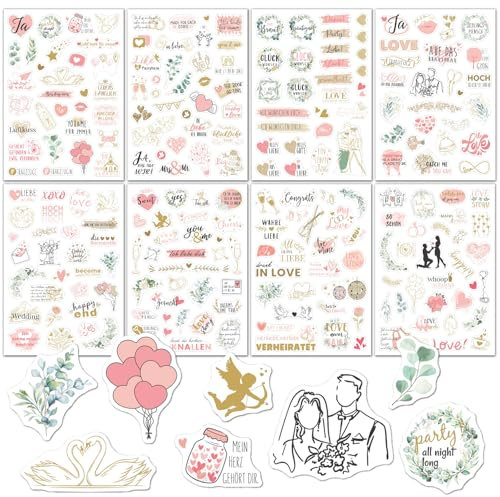 Canollo Sticker Hochzeit Gästebuch(230 Motive), Lustige Aufkleber Hochzeit, 8 Bögen Groß Fotoalbum Sticker, Hochzeitssticker Gästebuch Deko für Fotoalbum, Liebe Hochzeitsdeko Zubehör (Rosa)