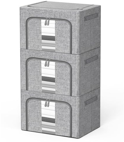 Storage Bags with Zips, 3PCS Linen Clothes Storage Bag 24L 66L 100L Large Storage Bags Foldable with Metal Frame Lid Clear Window Durable Handles for Clothes Bags (66L)