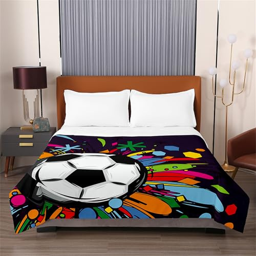 Hiseng Sommer Tagesdecke, Mikrofaser Bettüberwurf de Gesteppt mit Fußball-Serie, Tagesdecken mit Prägemuster, Wohndecke für Doppelbett Einzelbett oder Kinder (schwarz,150x200cm)