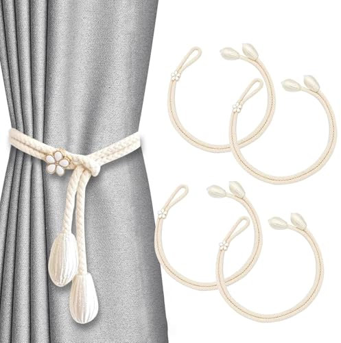 4 Stück Vorhangseil Raffhalter, Handgemachte Gardinenhalter aus Baumwolle, Vintage Gardinen Raffhalter, Vorhang Bänder für Fenster, Dekorative Vorhanghalter, Beige