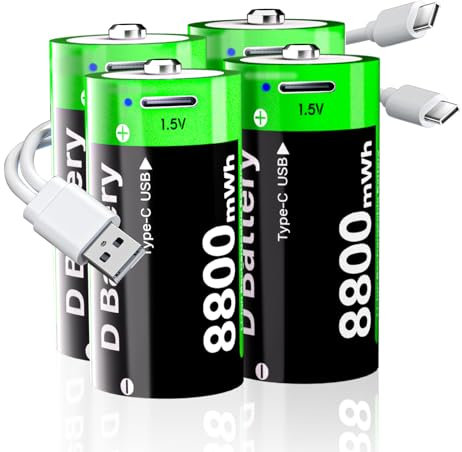 Piles Rechargeable D, 8800mWh Haute Capacité au Lithium D cellules avec 2 en 1 câble de Charge USB-C,1,5V D Taille Cellule de Remplacement de la Batterie pour Lampe de Poche,Appareil Photo (Lot de 4)