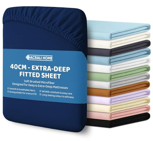 ACRALI HOME Microfiber Super King Fitted Sheet 40cm Extra Deep Fit Pocket - Breathable, Soft & Easy Care Navy Blue Bed Sheet - Wrinkle Free & Fade Resistant (200x180cm)