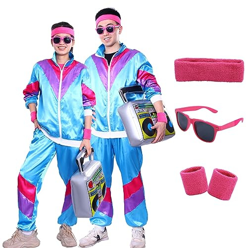 Harsever 80er Jahre Outfit Herren Damen, 80er Jahre Trainingsanzug mit Schweißbänder Armschienen Brille Aufblasbares Radio für Karneval