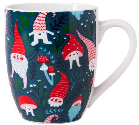 FabFinds Christmas Gnome Mug 350ml – All-Over Print Ceramic Coffee Cup with Festive Gonk Design Mug for Tea, Cocoa & Hot Drinks (H 11cmx W 5.5cm) Assorted Styles (Gnomes & Mushrooms)