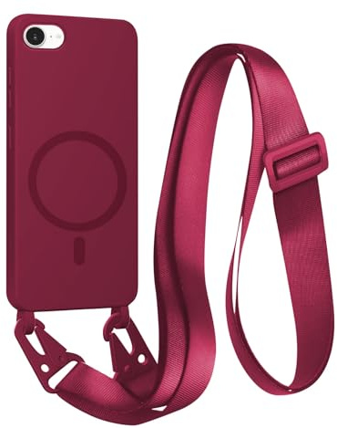 FMPCUON Handyhülle für iPhone 6/7/8/SE 2020/SE 2022 kompatibel Wireless Charging,Magnetisch Necklace Hülle mit Bands für Abnehmbar Kordel zum Umhängen Silikon Case,Rot