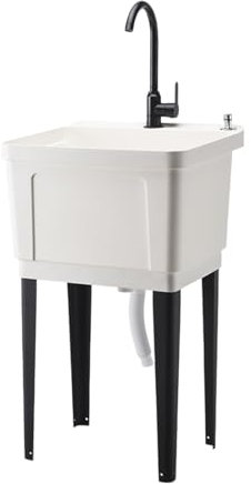 Fregadero multiusos para lavandería, fregadero de plástico con grifo giratorio y dispensador de jabón, tina de lavandería independiente extra profunda para sótano, garaje(White)