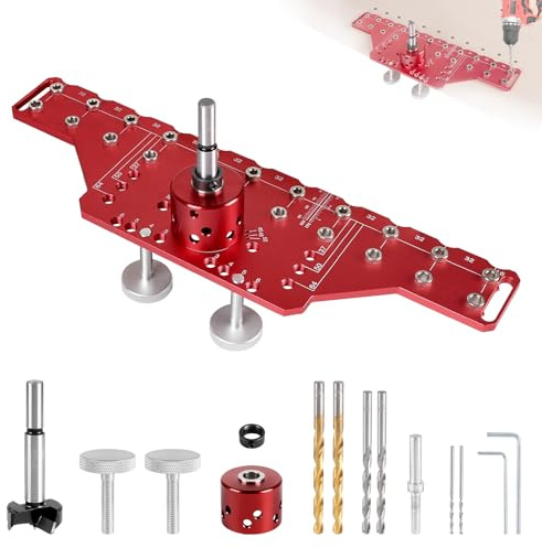 SUPAWAY Gabarit de perçage aligné 2-en-1 pour chevilles d'étagère et charnières 35mm Gabarit en aluminium avec forets 5mm et 1/4 pouce, outil parfait pour le bricolage et la menuiserie (Modèle Long)