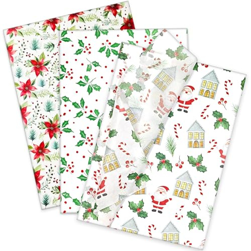 LIAPAWPAW 60 fogli di carta velina per regali di Natale, motivo stella di Natale, agrifoglio e bacche di Babbo Natale, vintage, rosso e verde, carta velina per confezioni regalo, ripieni, artigianato