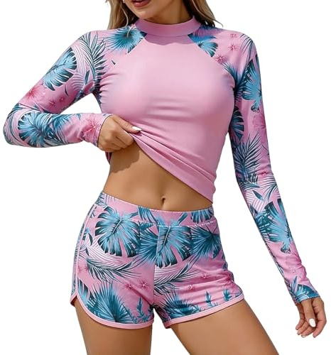 Supcomsta 2 Piece Rash Vest for Women Long Sleeve Swimming Costume with Shorts, UPF 50+ Sun Protection Swimsuits for Women, Quick Dry Swim Wear for Women UK
