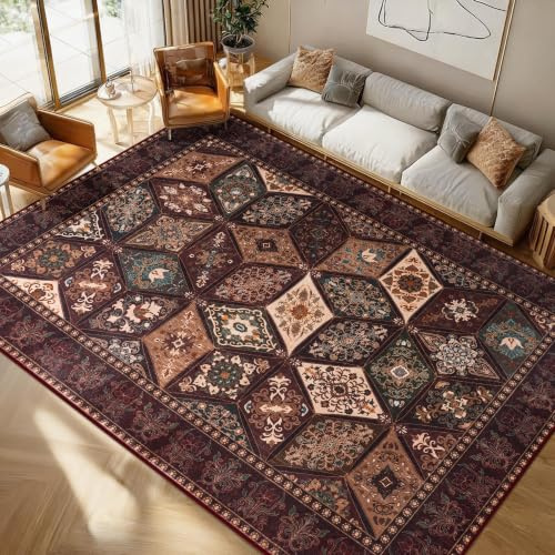Calinline Braun Großer Boho Kurzflor Wohnzimmer Teppich, 120x160 cm | Vintage Schlafzimmer Teppich Orientalisch Waschbar, Geometrisch Rutschfester Teppiche, Rauten Muster Wohnzimmerteppich