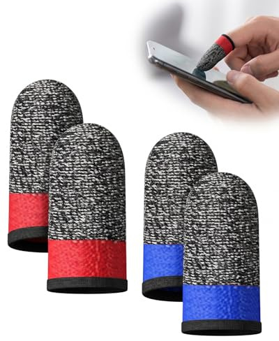 YAPKOLV Finger Sleeve Guanti Gaming 2 Paia (Nero/Rosso, Nero/Blu) Ultra Sensibili con Fibra 24 Aghi, Antisudore Traspiranti per Mobile Gaming.