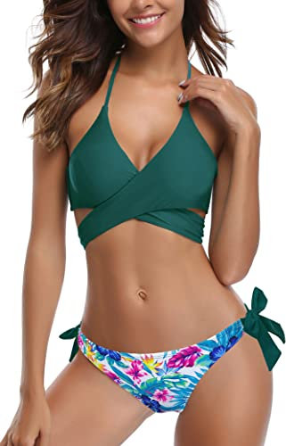SHEKINI - Bikini de dos piezas para mujer, traje de baño cruzado, ropa de playa, se sujeta al cuello, parte superior de triángulos que se anudan Verde oscuro. XS