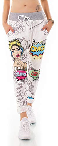 Moda Italia Damen Joggers Hose Sommerhose Freizeit Hose Comic Print (Grau)
