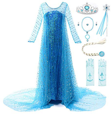 JerrisApparel Mädchen Prinzessin Pailletten ELSA Kostüm Kleid Festzüge Party Ankleiden (130, Blau mit Zubehör)