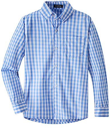 Spring&Gege Jungen Langarm Popeline Button Down Shirt, Oktoberfest Trachtenhemd, Baumwolle Plaid Uniform Dress Shirts, Blau Groß Gingham, S