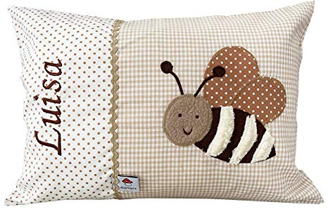 Glückspilz Namenskissen Babykissen I Biene I Beige (25 x 35 cm)