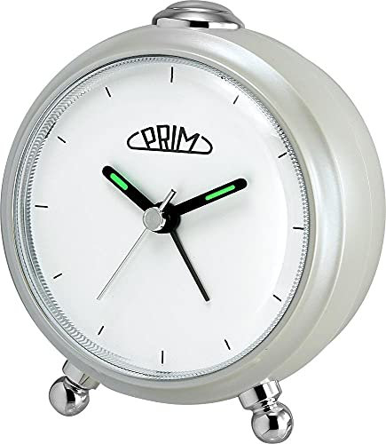 PRIM Modern Silver Alarm Clock - Wecker ohne Ticken (Silber und weiß) mit warmem Licht - Minimalistisches Zifferblattdesign Modischer Nachttischwecker - Moderne Dekoration (