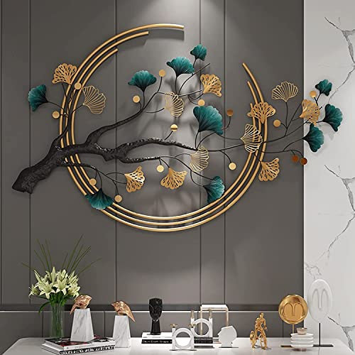 Ainydie Créatives Décoration Murale Feuille de Ginkgo en Métal à La Main,Moderne Luxe Sculpture Murale en Métal,Tenture Murale Intérieure pour Salon Chambre à Coucher Hôtel,110x68cm