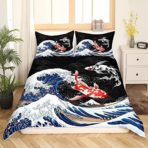 Japanischer Ukiyoe-Fisch Bettwäsche Set Ozean-Surfen Bettbezug Koi-Kleinkind Bettwäsche 135x200 cm Kinder Jungen Erwachsene japanischer Stil Bettwäsche exotischer Koi-Tier exotischer Stil Bettwäsche