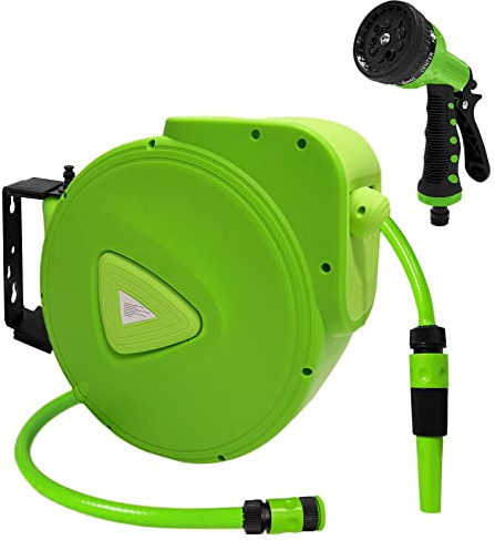 HENGMEI Avvolgitubo mobile 30 + 2 m, avvolgitubo automatico, orientabile a 180°, per irrigazione, lavaggio auto (30 metri con pistola a spruzzo, verde)