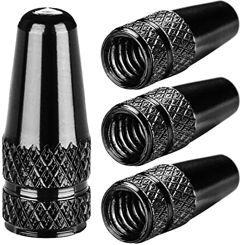 Aluminum Presta Valve Stem Caps – Black Tire Air Dust Covers for Bike (4 Pack) – Fit French Valves on Road, MTB, Hybrid, Racing, Fitness, Folding & Fat Bikes