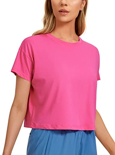 CRZ YOGA Damen Kurzarm Sport Tshirt Loose Baumwolle Fitness Crop Top Sommer Gym Workout Cropped Oberteile Schallrosa 40