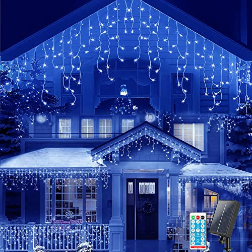 KINGCOO Solar Lichtervorhang Außen, Wasserdicht LED Eisregen Vorhang Solar Lichterketten Fernbedienung 8 Modi Innen Weihnachtsbeleuchtung Aussen für Garten Balkon Hochzeit Wanddekorationen (10M-Blau)
