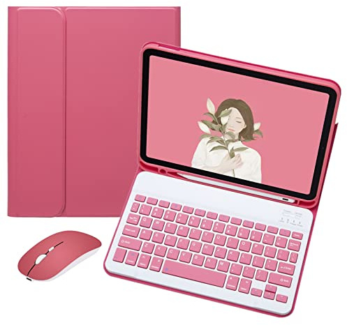 YEEHi Clavier coloré pour iPad 6e 5e génération, Air 2, iPad Pro 9,7 avec clavier et souris, mignon, amovible, sans fil, Bluetooth (rose foncé)