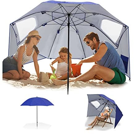 Joparri Sombrilla de playa 2 en 1 para playa, jardín, 2 – 4 personas, protección solar UV50+, paraguas multiusos, diámetro 210 x 220 cm, con ventana y bolsa de transporte, plegable, azul, L