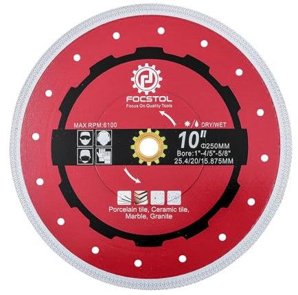 FOCSTOL Diamant Trennscheibe - 250mm Fliesentrennscheibe für Porzellan Keramikfliesen Marmor Granit Quarz Laube 25,4mm x 20mm x 15,875mm