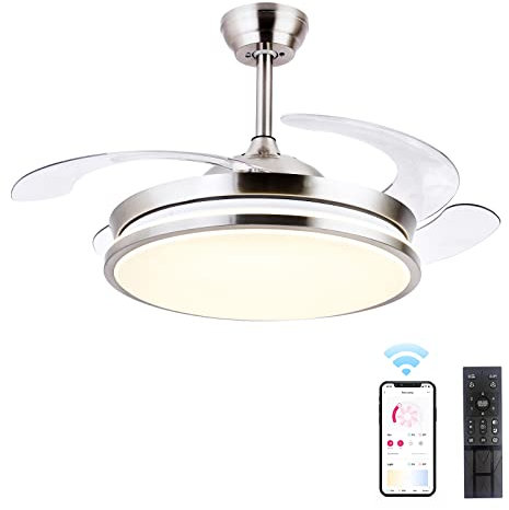 STERREN Ventilateurs de plafond rétractables avec lumières, 106,7 cm, ventilateur de plafond moderne à DEL sans pales avec télécommande, ventilateur de plafond intelligent en nickel brossé pour