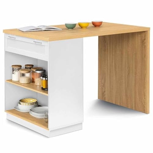 IDMarket – Ilot central come 4 personas VITO 130 cm blanco y bandeja madera
